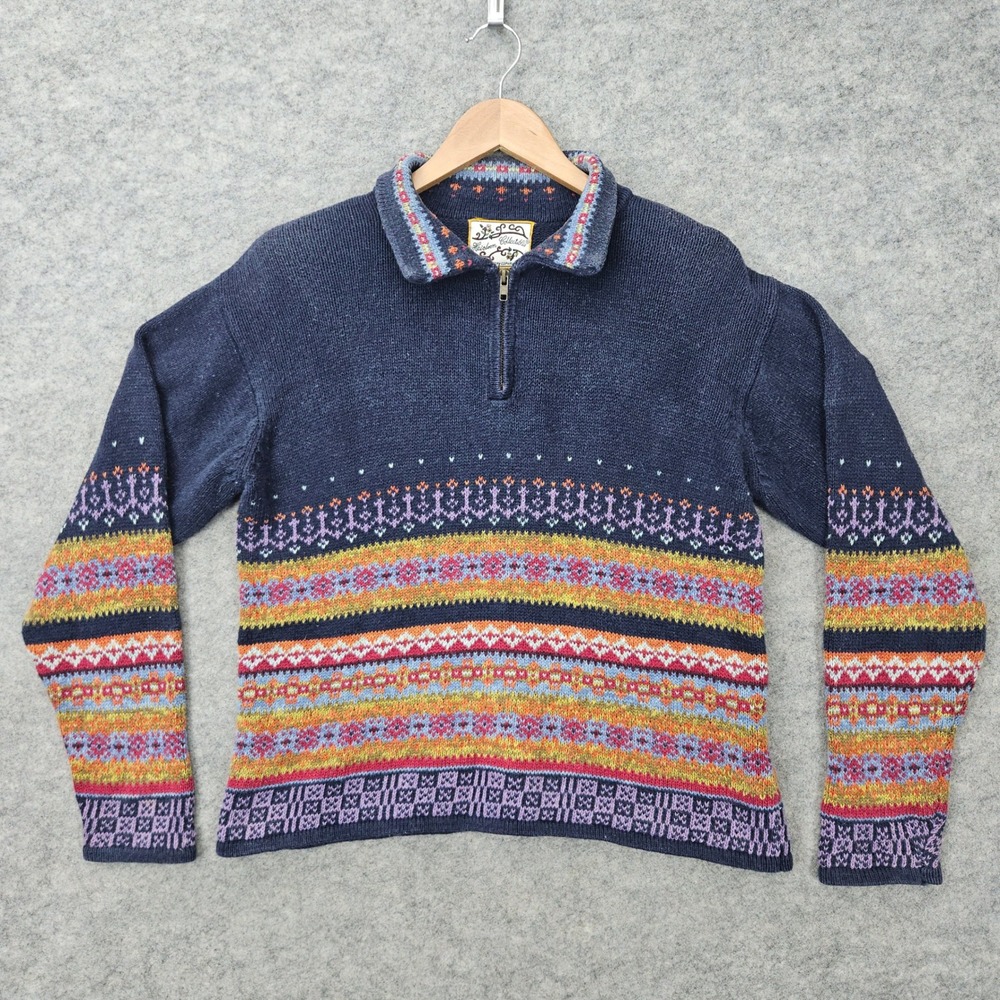 Heirloom Collectibles Women's Blue Sweater Size M Ramie/Cotton Fair Isle 1/4 Zip